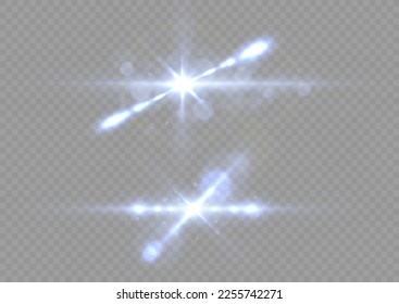 Effect glare, sun lens rays. Blue lights bokeh glitter and sequins. Shining star explosion, sun particles blur and sparks with highlight effect. Transparent light flare and sparkles lines set, vector