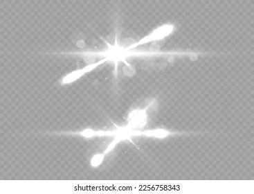 Effect glare, sun lens rays. Shining star explosion, sun particles blur and sparks with highlight effect. White lights bokeh glitter and sequins. Transparent light flare and sparkles lines set, vector