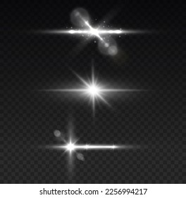 Effect glare, sun lens rays. Shining star explosion, sun particles blur and sparks with highlight effect. White lights bokeh glitter and sequins. Transparent light flare and sparkles lines set, vector