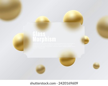 Effect of glass morphism. Glass ticket made of transparent frosted glass. Golden spheres on a white background.