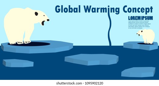 The Effect Global Warming Has on Icebergs And Polar Bear On Melted Iceberg. Lorem Ipsum Text. Global Warming Concept. Design Reports,Card, Banners, Presentations, Wallpaper.Vector Illustration. Eps 10