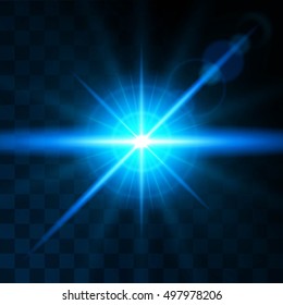 Effect glow bright blue lens. Realistic light effects. Shining sun, glare, light rays. Vector illustration.