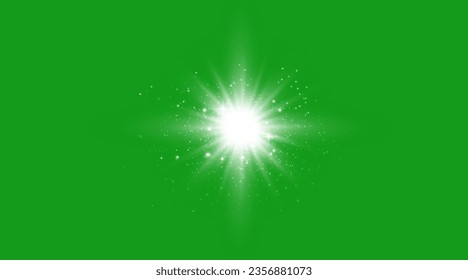 Effect of glowing star lights, flares, explosion and stars. Special effect isolated on transparent background. The effect of sparkling white dust on a green background.