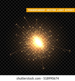 The effect of gold sparkler. Bright Star with transparency. Glowing glitter. Isolated Christmas decoration. Magic lighting object. vector illustration
