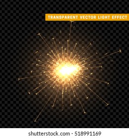 The effect of gold sparkler. Bright Star with transparency. Glowing glitter. Isolated Christmas decoration. Magic lighting object. vector illustration