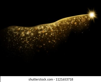 Effect of golden glitter trail star. Sparkling confetti or shimmer shine wave trace. Overlay object on black background for New Year or Christmas template. EPS 10