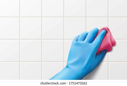 Effect of hand in blue glove holding a red rug and wiping white tile wall, 3d illustration