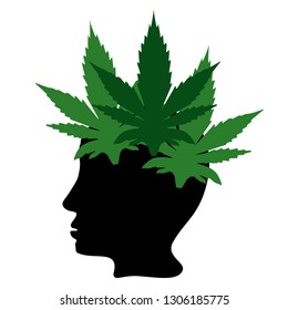 The effect of hemp on humans. Cannabinoid treatment. marijuana logo. Hair from the leaves of marijuana on the head black silhouette. Cannabis. Vector