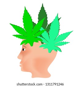The effect of hemp on humans. Cannabinoid treatment. Properties of marijuana logo. Hair from the leaves of marijuana on the head. Cannabis. Vector
