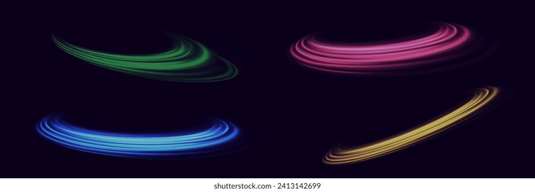 The effect of high-speed light trails. Futuristic dynamic motion technology. Neon glowing lines.	
