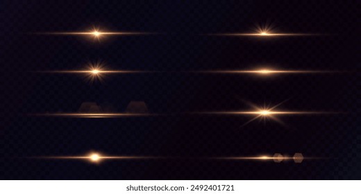 The effect of horizontal glow with bright golden highlights is the effect of laser light. Abstract light effect of horizontal bursts of yellow flickering.