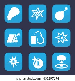 Effect icon. set of 9 filled effect icons such as explosion, smoke, dynamite, smoking can