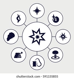 effect icons set. Set of 9 effect filled icons such as explosion, smoke, dynamite, smoking can