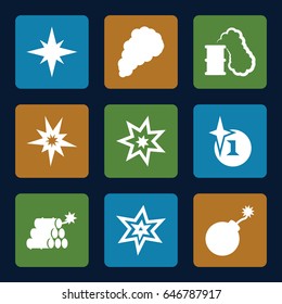 Effect icons set. set of 9 effect filled icons such as explosion, smoke, dynamite, smoking can