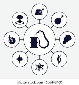Effect icons set. set of 9 effect filled icons such as explosion, smoke, dynamite