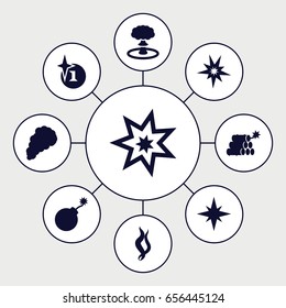 Effect icons set. set of 9 effect filled icons such as explosion, smoke, dynamite