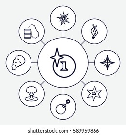 effect icons set. Set of 9 effect outline icons such as explosion, smoke, smoking can