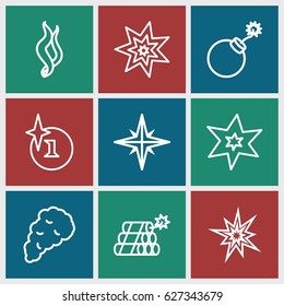 Effect icons set. set of 9 effect outline icons such as explosion, smoke, dynamite