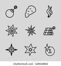 Effect icons set. set of 9 effect outline icons such as explosion, smoke, dynamite