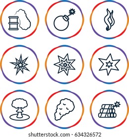 Effect icons set. set of 9 effect outline icons such as explosion, smoke, dynamite, smoking can
