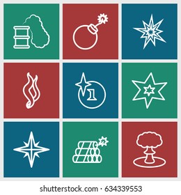 Effect icons set. set of 9 effect outline icons such as explosion, smoke, dynamite, smoking can