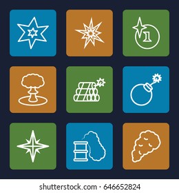 Effect icons set. set of 9 effect outline icons such as explosion, smoke, dynamite, smoking can