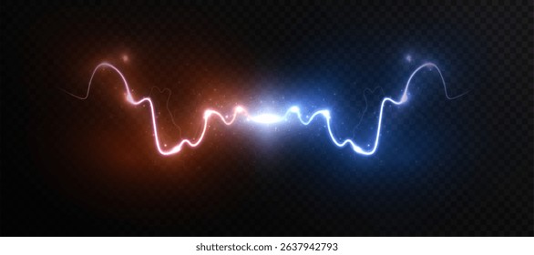 The effect of light energy confrontation and collision with lightning and flashes. Abstract light effect. Vector	