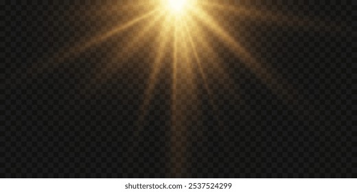 O efeito da luz e raios. Explosão de uma estrela brilhante. Em um fundo transparente.