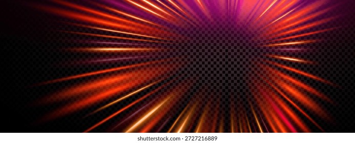 Effekt, Licht und Geschwindigkeit mit einer roten Tunnelexplosion und einer radialen orangen Linie für eine Neonraumbewegung. Dynamischer 3d rosa Hintergrund und abstraktes futuristisches Vektordesign durch digitale schwarze Bursts.