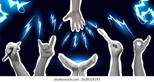 The effect of lightning and electric sparks in cartoon style. A collage of hands.