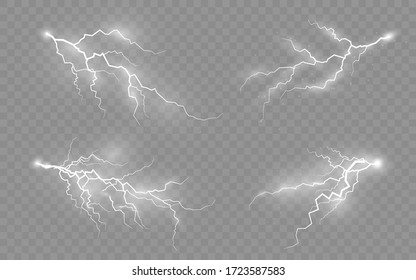 The effect of lightning and lighting, set of zippers, thunderstorm and lightning, symbol of natural strength or magic, light and shine, abstract, electricity and explosion, vector illustration, eps 10