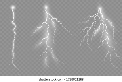 Эффект молнии и освещения, набор молний, гроза и молния, символ природной силы или магии, свет и блеск, абстракция, электричество и взрыв, векторная иллюстрация, eps 10