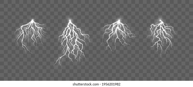 The effect of lightning and lighting, set of zippers, thunderstorm and lightning, symbol of natural strength. Powerful thunderstorm electricity discharge.
