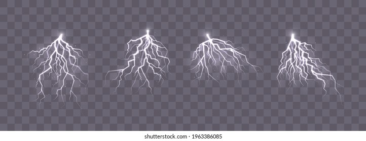 The effect of lightning and lighting, set of zippers, thunderstorm and lightning, symbol of natural strength. Powerful thunderstorm electricity discharge.