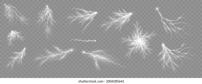 The effect of lightning and lighting, set of zippers, thunderstorm and lightning, symbol of natural strength or magic, light and shine, abstract, electricity and explosion, vector illustration, eps 10