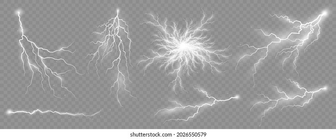 The effect of lightning and lighting, set of zippers, thunderstorm and lightning, symbol of natural strength or magic, light and shine, abstract, electricity and explosion, vector illustration, eps 10