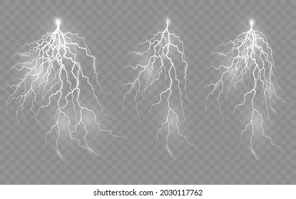 Efecto de relámpagos e iluminación, conjunto de cremalleras, tormenta y relámpago, símbolo de fuerza natural o magia, luz y brillo, abstracto, electricidad y explosión, ilustración vectorial, eps 10