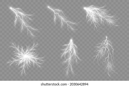The effect of lightning and lighting, set of zippers, thunderstorm and lightning, symbol of natural strength or magic, light and shine, abstract, electricity and explosion, vector illustration, eps 10