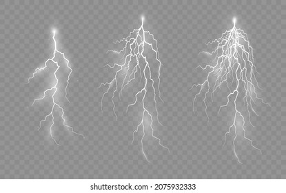 The effect of lightning and lighting, set of zippers, thunderstorm and lightning, symbol of natural strength or magic, light and shine, abstract, electricity and explosion, vector illustration, eps 10