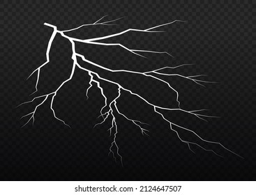 The effect of lightning and lighting, set of zippers. Thunder storm and lightnings. Realistic stormy clouds with lightning effects isolated on transparent background. Light effect. Vector illustration