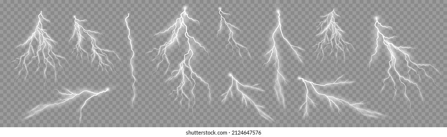 The effect of lightning and lighting, set of zippers. Thunder storm and lightnings. Realistic stormy clouds with lightning effects isolated on transparent background. Light effect. Vector illustration