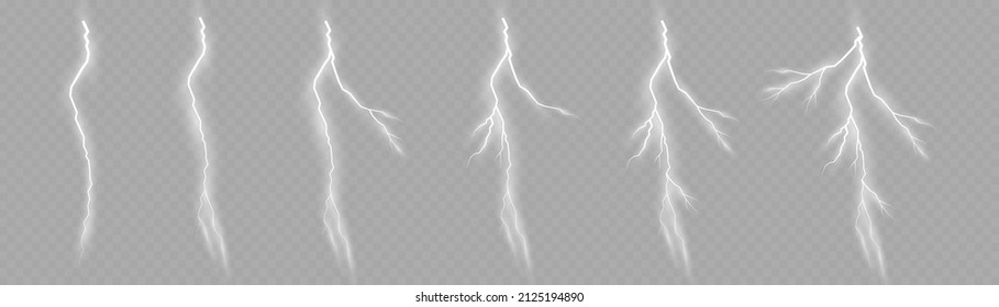 The effect of lightning and lighting, set of zippers. Thunder storm and lightnings. Realistic stormy clouds with lightning effects isolated on transparent background. Light effect. Vector illustration