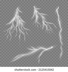 The effect of lightning and lighting, set of zippers. Thunder storm and lightnings. Realistic stormy clouds with lightning effects isolated on transparent background. Light effect. Vector illustration