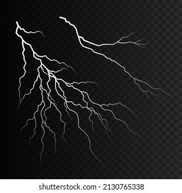 The effect of lightning and lighting, set of zippers. Thunder storm and lightnings. Realistic stormy clouds with lightning effects isolated on transparent background. Light effect. Vector illustration