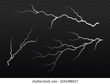 The effect of lightning and lighting, set of zippers. Realistic stormy clouds with lightning effects isolated on transparent background. Thunder storm and lightnings. Light effect. Vector illustration
