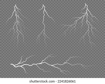 The effect of lightning and lighting, set of zippers. Realistic stormy clouds with lightning effects isolated on transparent background. Thunder storm and lightnings. Light effect. Vector illustration