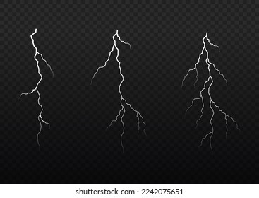 The effect of lightning and lighting, set of zippers. Realistic stormy clouds with lightning effects isolated on transparent background. Thunder storm and lightnings. Light effect. Vector illustration