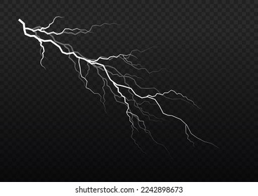 The effect of lightning and lighting, set of zippers. Realistic stormy clouds with lightning effects isolated on transparent background. Thunder storm and lightnings. Light effect. Vector illustration