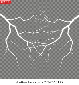 The effect of lightning and lighting, set of zippers, thunderstorm and lightning, symbol of natural strength or magic, light and shine, abstract, electricity and explosion, vector illustration, eps 10