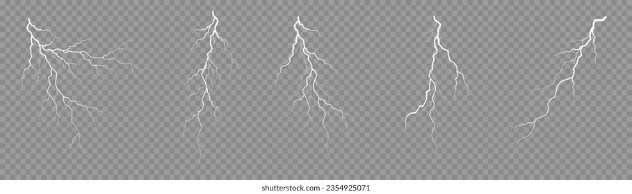 El efecto del rayo y la iluminación, conjunto de cremalleras. Tormenta y relámpagos truenos. Nubes de tormenta realistas con efectos relámpago aislados en un fondo transparente. Efecto ligero. Ilustración del vector